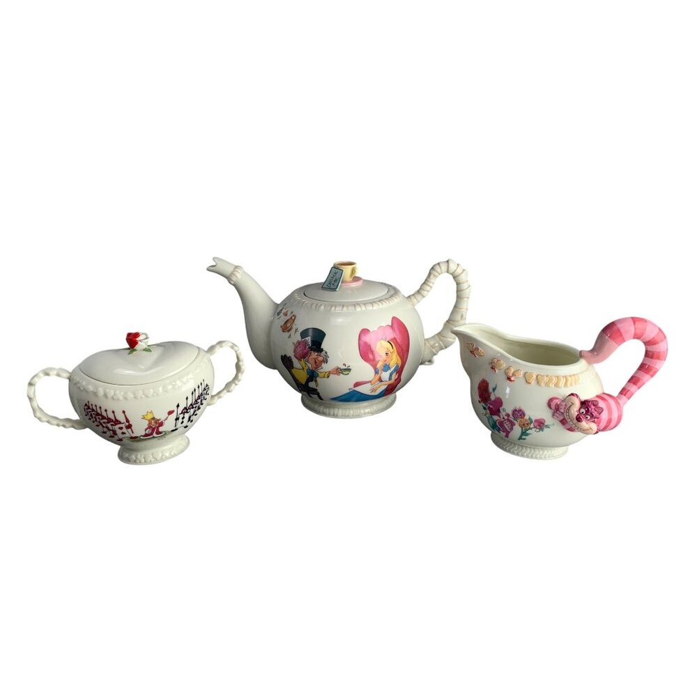 Disney Alice In Wonderland Porcelain Tea Set Teapot Sugar Bowl & Creamer Danby M